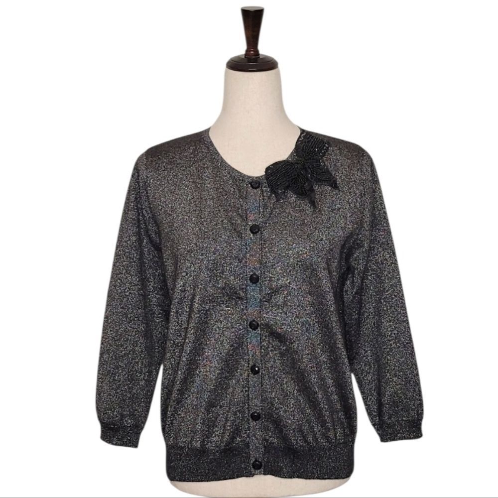 August Silk Black Sparkle Beaded Bow Accent 3/4 Sleeve Sweather Size XL - Picture 2 of 11